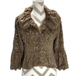 Ariella Faux Fur Sequin Jacket Cropped Brown Button Up Bolero Coat Women's L